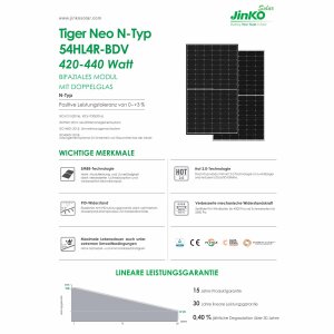 Jinko Tiger Neo 430Wp N-Type Glas-Glas Bifazial PV Photovoltaik Modul Panel 54HL4R-BDV
