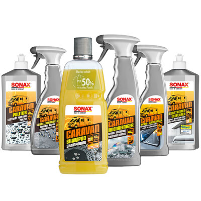 SONAX CARAVAN SET Shampoo Politur RegenstreifenEntferner SchnellVersiegelung Acryl+GlasReiniger InnenReiniger für Bus Wohnmobil Wohnwagen